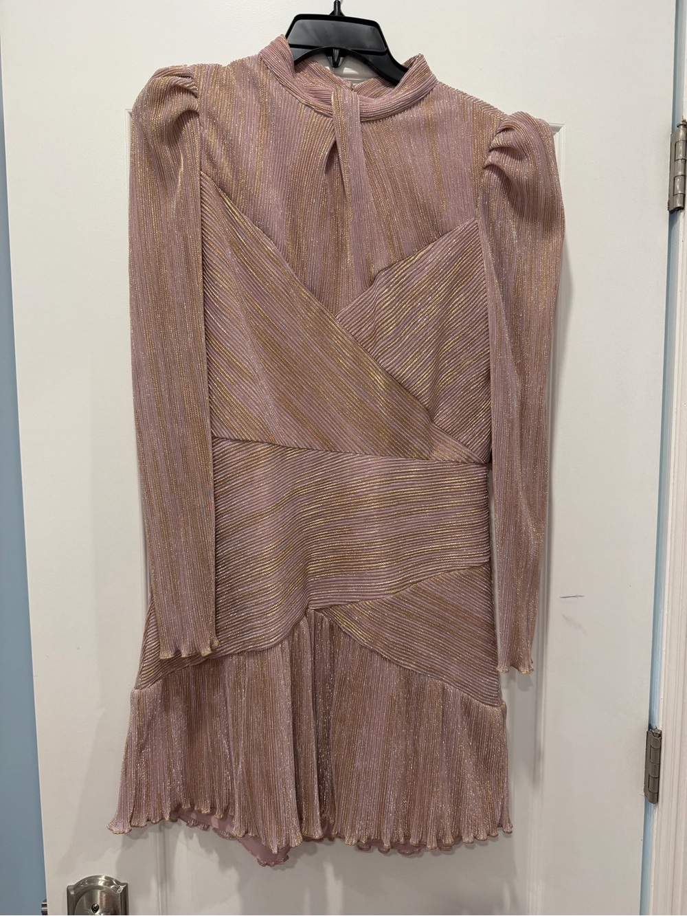 SAYLOR Metallic Blush Pink Gold-Thread Long Sleeve Pleated Mini Dress
